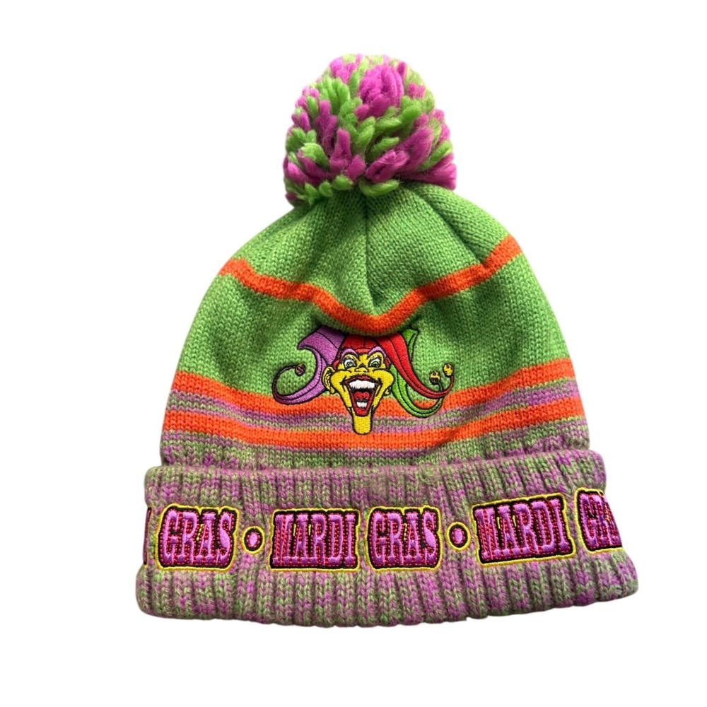 Mobile Alabama Mardi Gras Jester Beanie Hat Green Purple Orange Pom